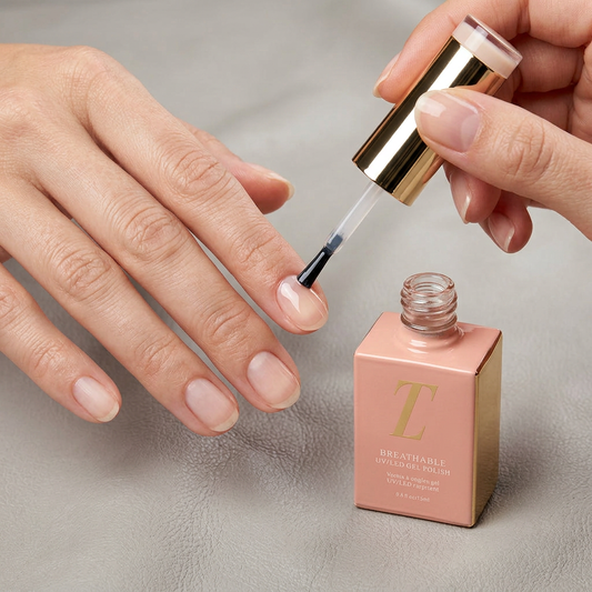 Clear Basecoat being brushed onto a natural nail beside the open peach-pink Tuesday in Love bottle with a gold applicator cap.
